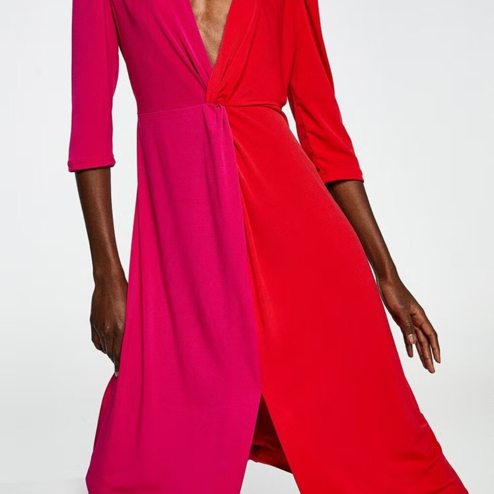 Sfera Collection Two-Tone Fuchsia Pink & Red Midi Dress Size Medium - Picture 5 of 14
